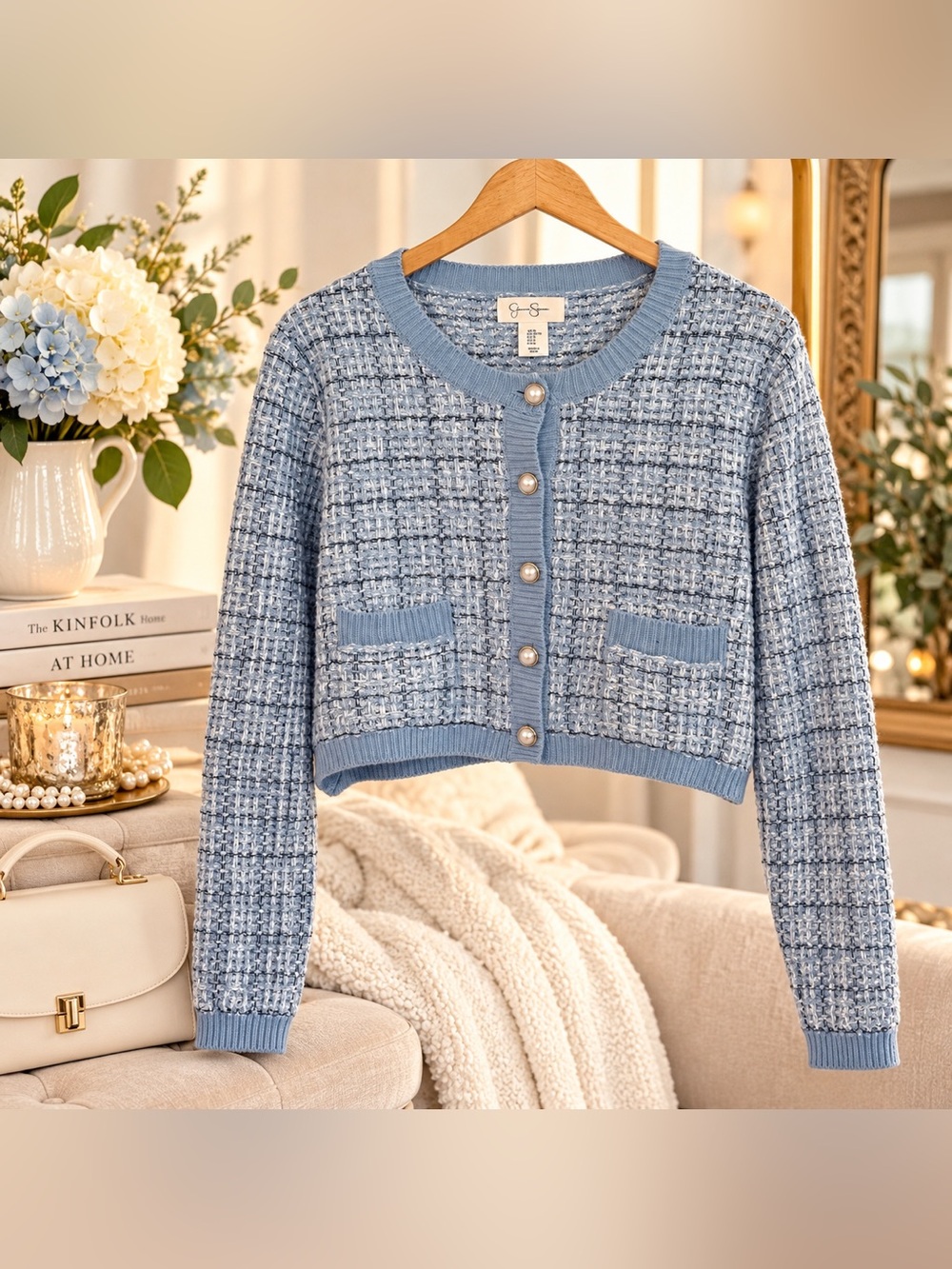 Jessica Simpson Blue Tweed Cropped Cardigan with Pearl Buttons